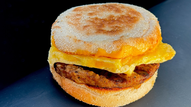 Sausage, egg, and cheese sandwich on an english muffin.