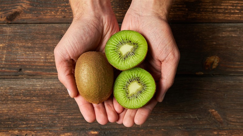 Hands holding kiwi fruit 