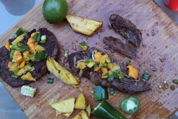 6. Bison Rib-Eyes with Grilled Pineapple and Mango Salsa