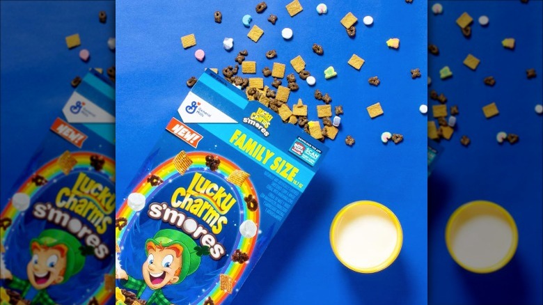a box of lucky charms s'mores against a blue background