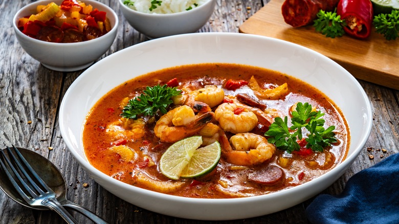 Gumbo on a plate with shrimps