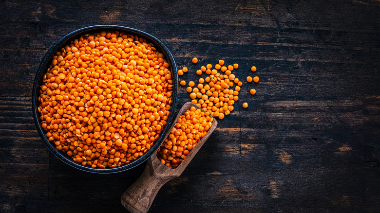 red lentils in bowl and scooper