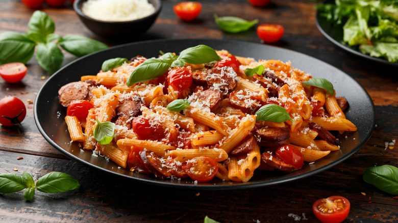 Plate of penne pasta with sliced sausage and tomatoes