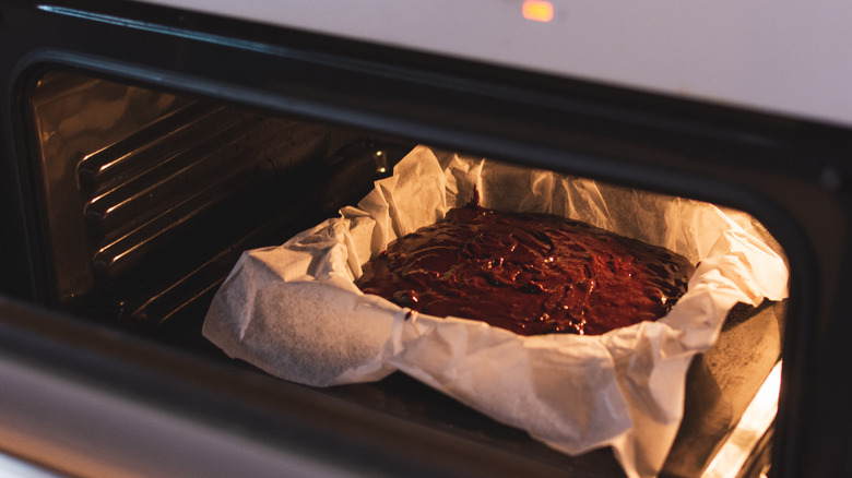 Brownie pan in hot oven