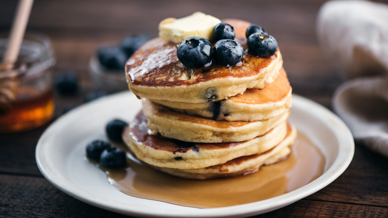 thick blueberry pancakes with maple