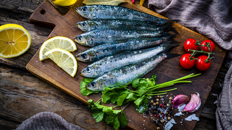 Sardines on a cutting board