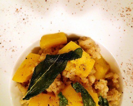 Acorn Squash Risotto with Smoked Bacon and Fried Sage Leaves