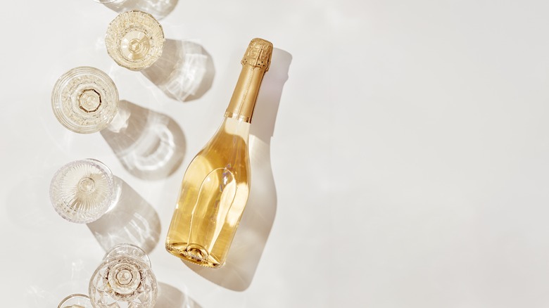 White wine bottle and glasses against a white surface