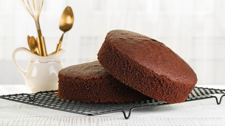 Chocolate cake layers cooling on rack