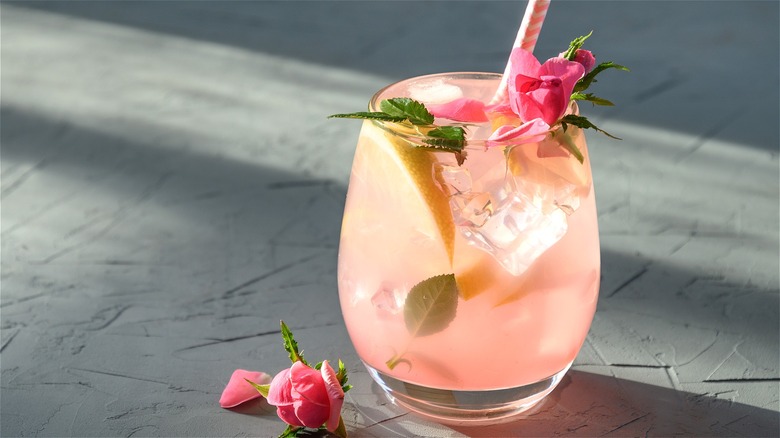 Light pink drink with botanicals  