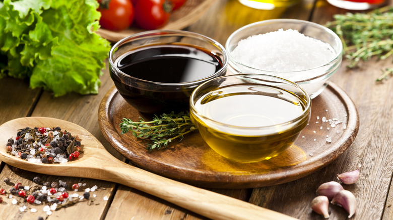 Balsamic vinaigrette ingredients on table