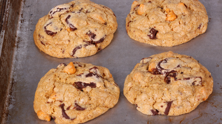 Butterscotch chocolate chip cookies on a baking pan