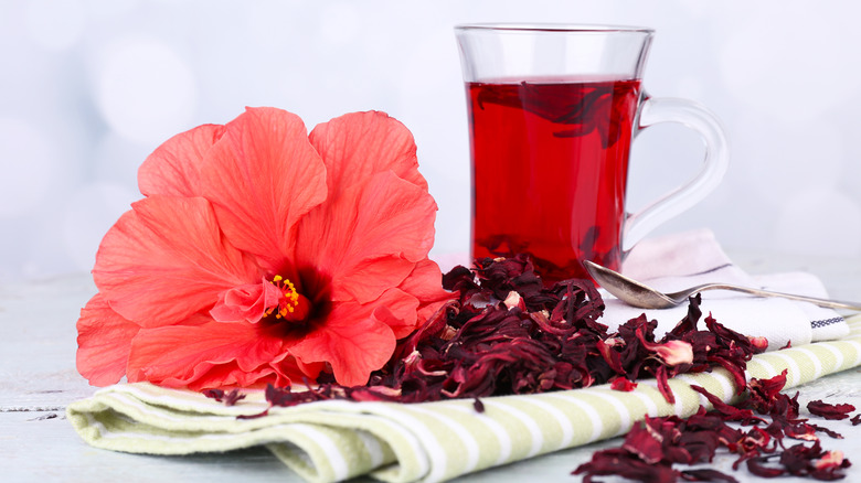 Hibiscus flower next to tea and petals