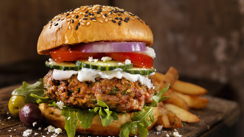 Mediterranean burger with fries