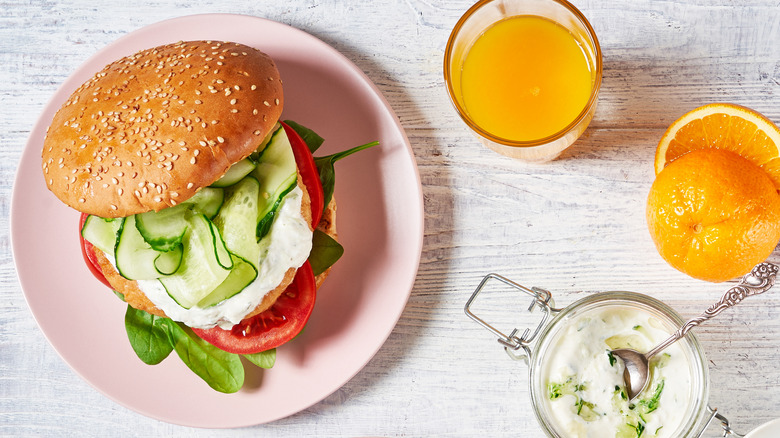 turkey burger with orange juice and yogurt