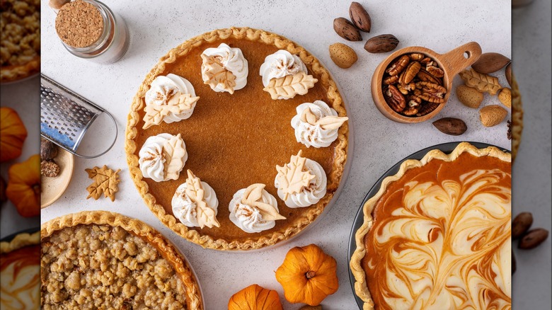 Various Thanksgiving pies on white counter