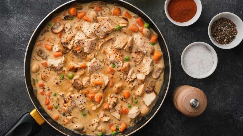 hearty chicken and rice stew in a pan