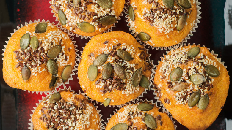 Cornbread muffins topped with seeds