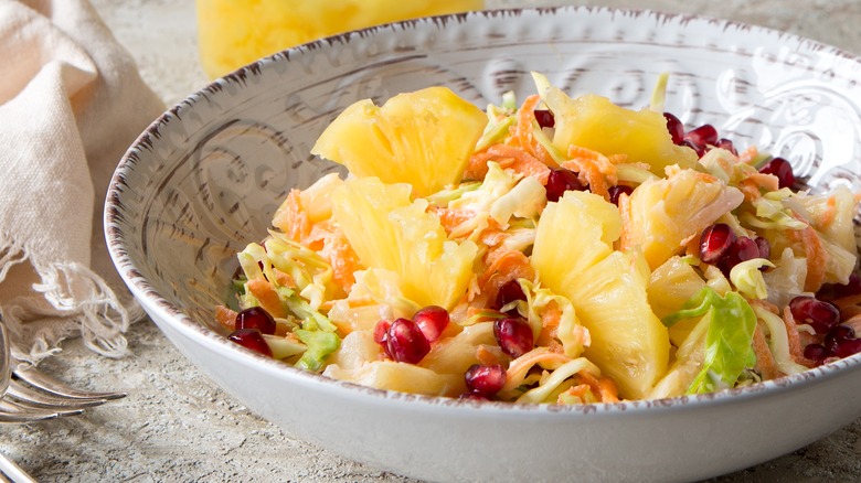 Close-up of a pineapple slaw bowl