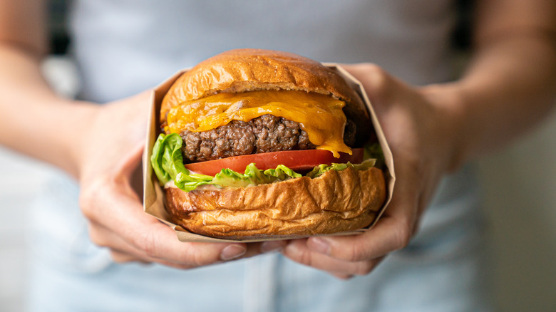 Hands holding cheeseburger