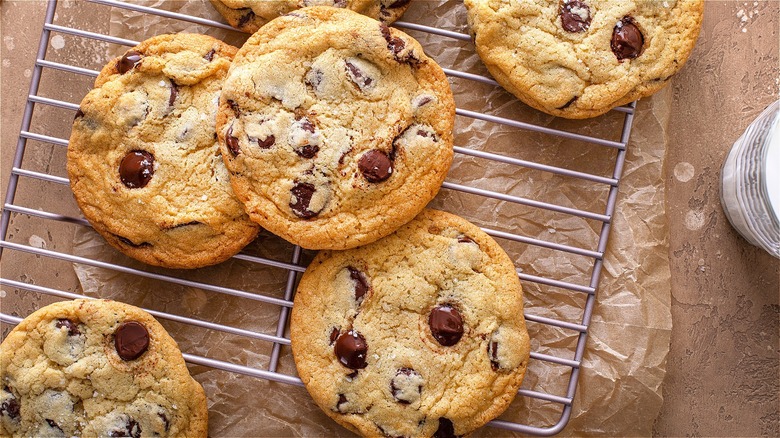 Chocolate chip cookies on wire rack 