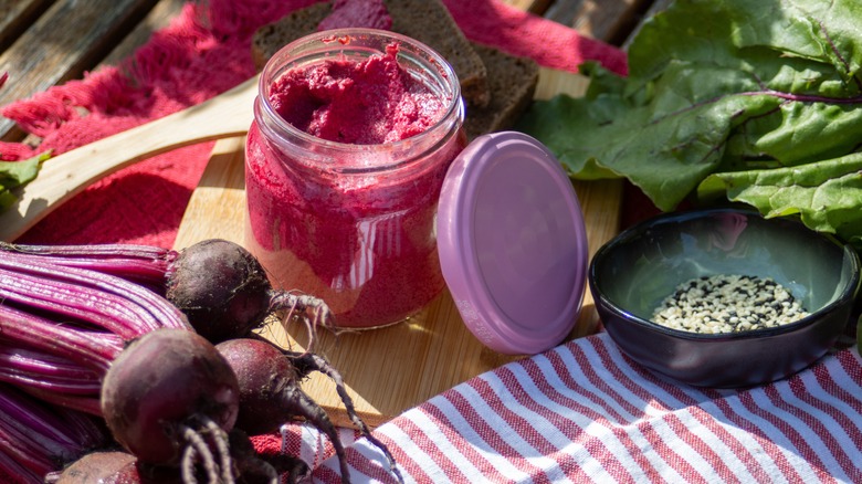 Whole beets and jarred beet hummus