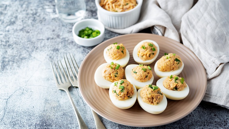 Plate of deviled eggs with tuna 