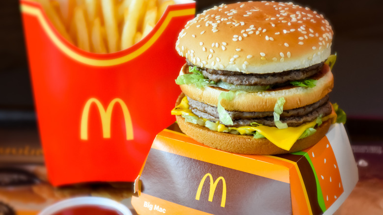 McDonald's Big Mac on its box in front of a box of fries