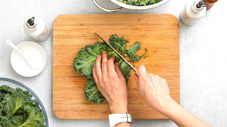 Hands cutting kale on cutting board