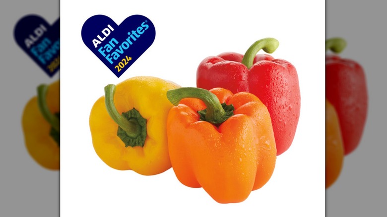 Red, yellow, and orange bell peppers from Aldi