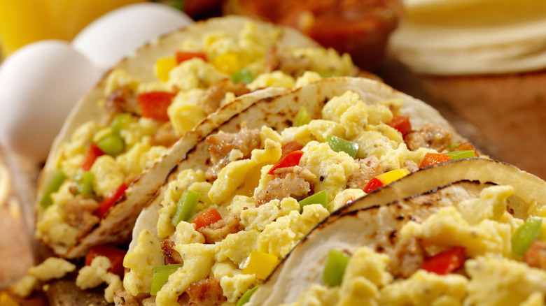 Sausage, egg, and bell pepper breakfast tacos