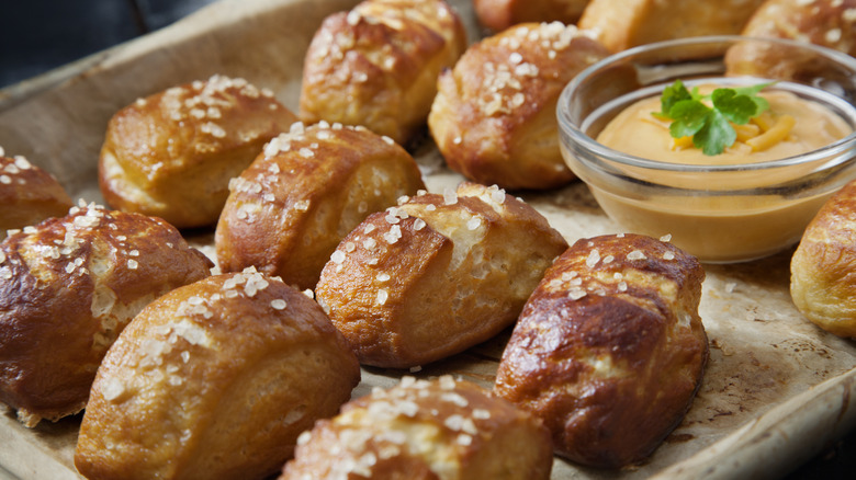 Pretzel bites served with cheese dip