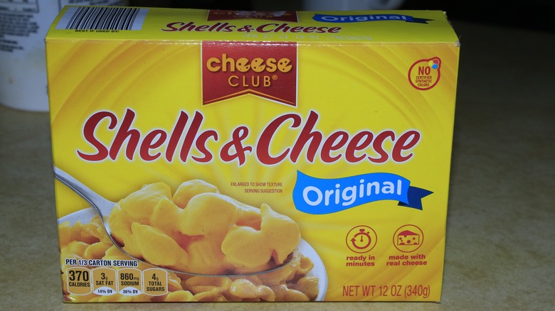 A box of Aldi's Cheese Club Shells and Cheese