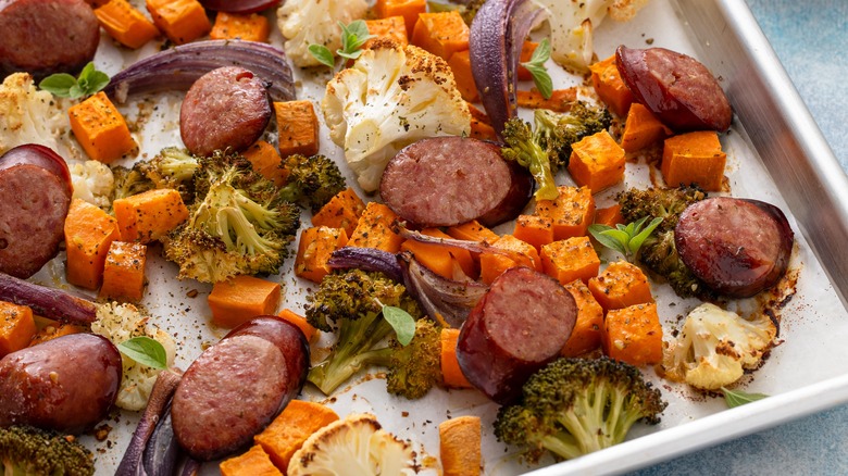 sheet pan with sausage cauliflower