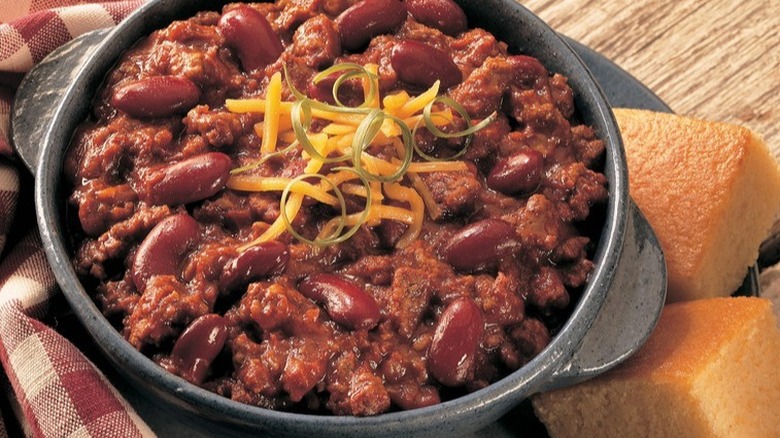 crock of chili with cheese