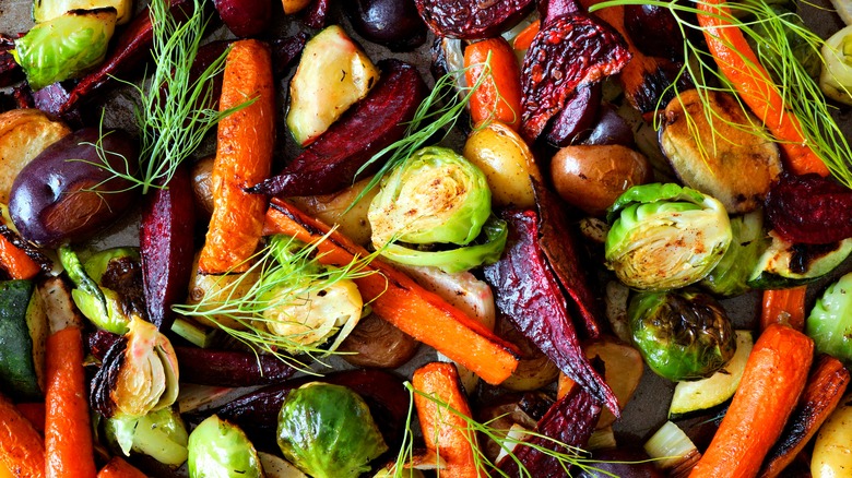 A pan of colorful roasted vegetables