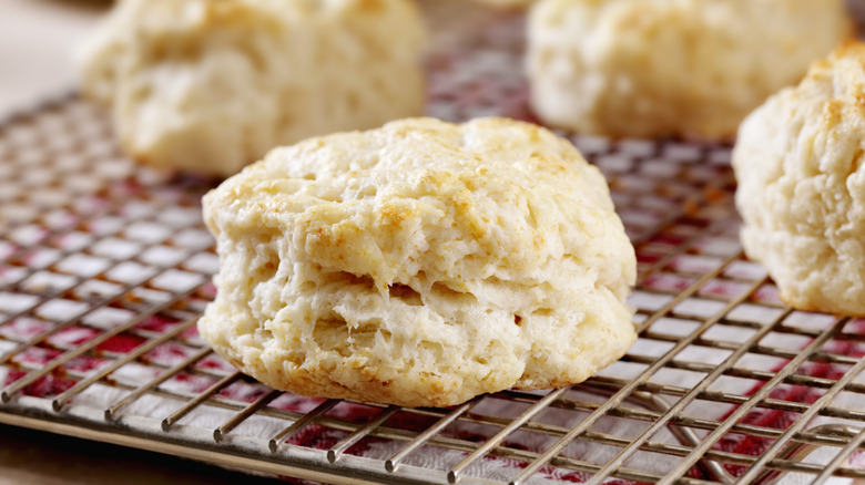 Fluffy homemade biscuits on cooling rack