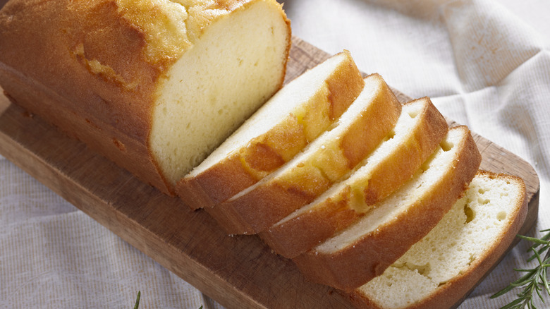 A sliced loaf of pound cake