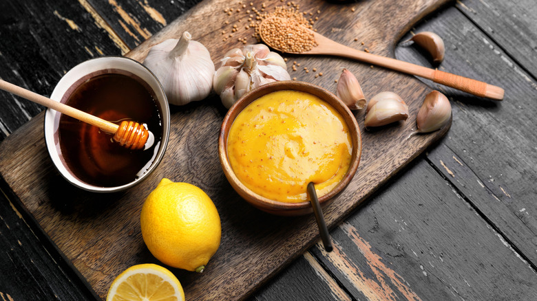 Honey mustard on a wooden board