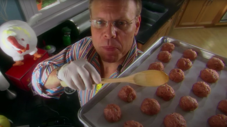 Alton Brown with meatball tray