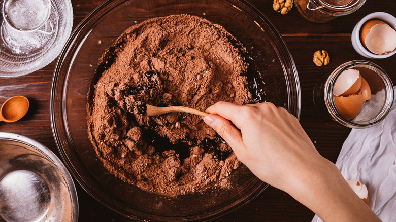 Brownie batter being stirred