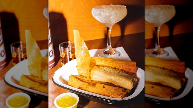 Tamales, salsa, and a cocktail