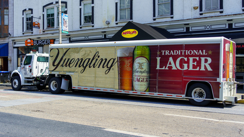 A Yuengling Brewery delivery truck parked along Second Street