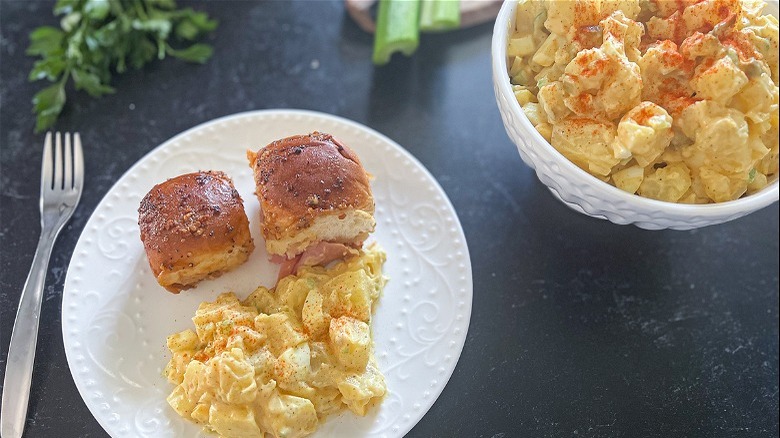 amish-style potato salad in bowl 