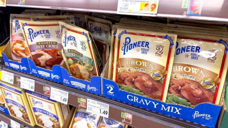 Packaged gravy on supermarket shelf