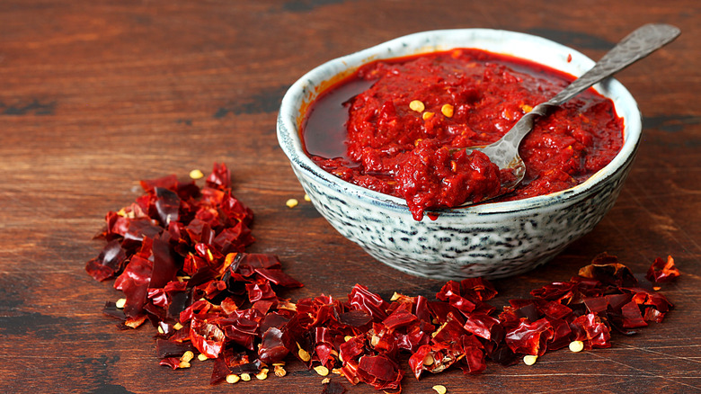 A bowl of harissa surrounded by dried chiles