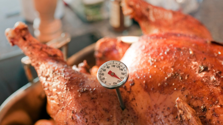 Roasted turkey with thermometer.