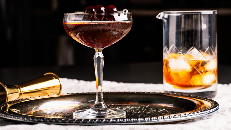 Manhattan cocktail on silver tray