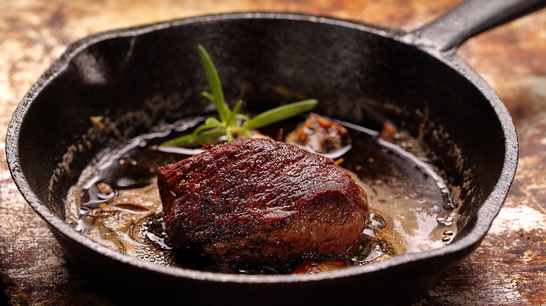 Steak in cast iron pan