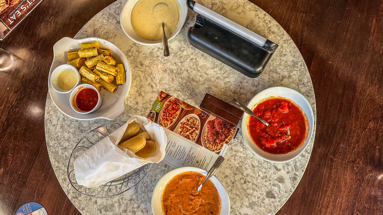 Olive Garden sauces on table